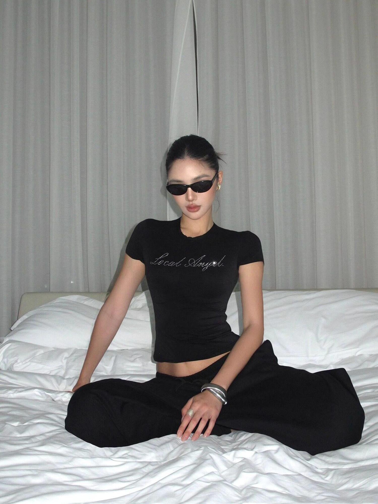 rovente Black Loose Relaxed High Waist Women's Cotton Straight-leg Pants