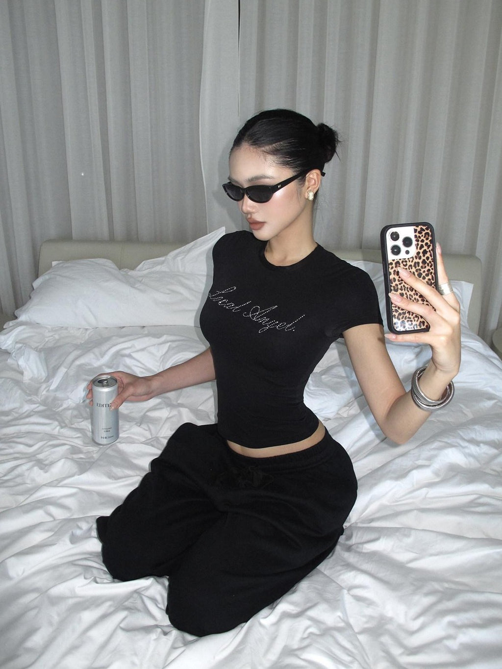 rovente Black Loose Relaxed High Waist Women's Cotton Straight-leg Pants