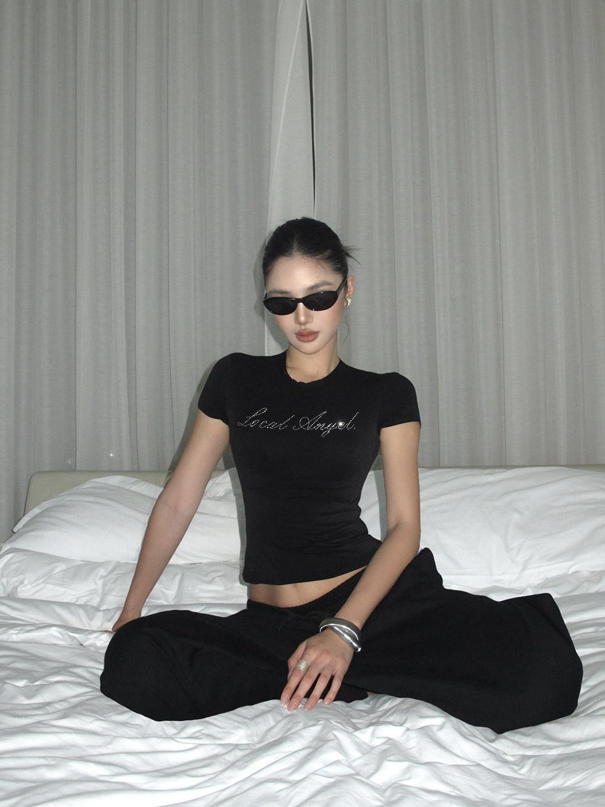 rovente Black Loose Relaxed High Waist Women's Cotton Straight-leg Pants