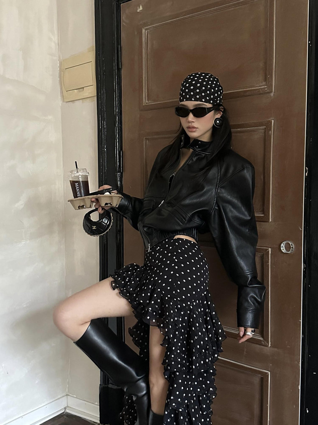 rovente Black Loose Short Stand Collar Zip Flap Pocket Women's Leather Jackets