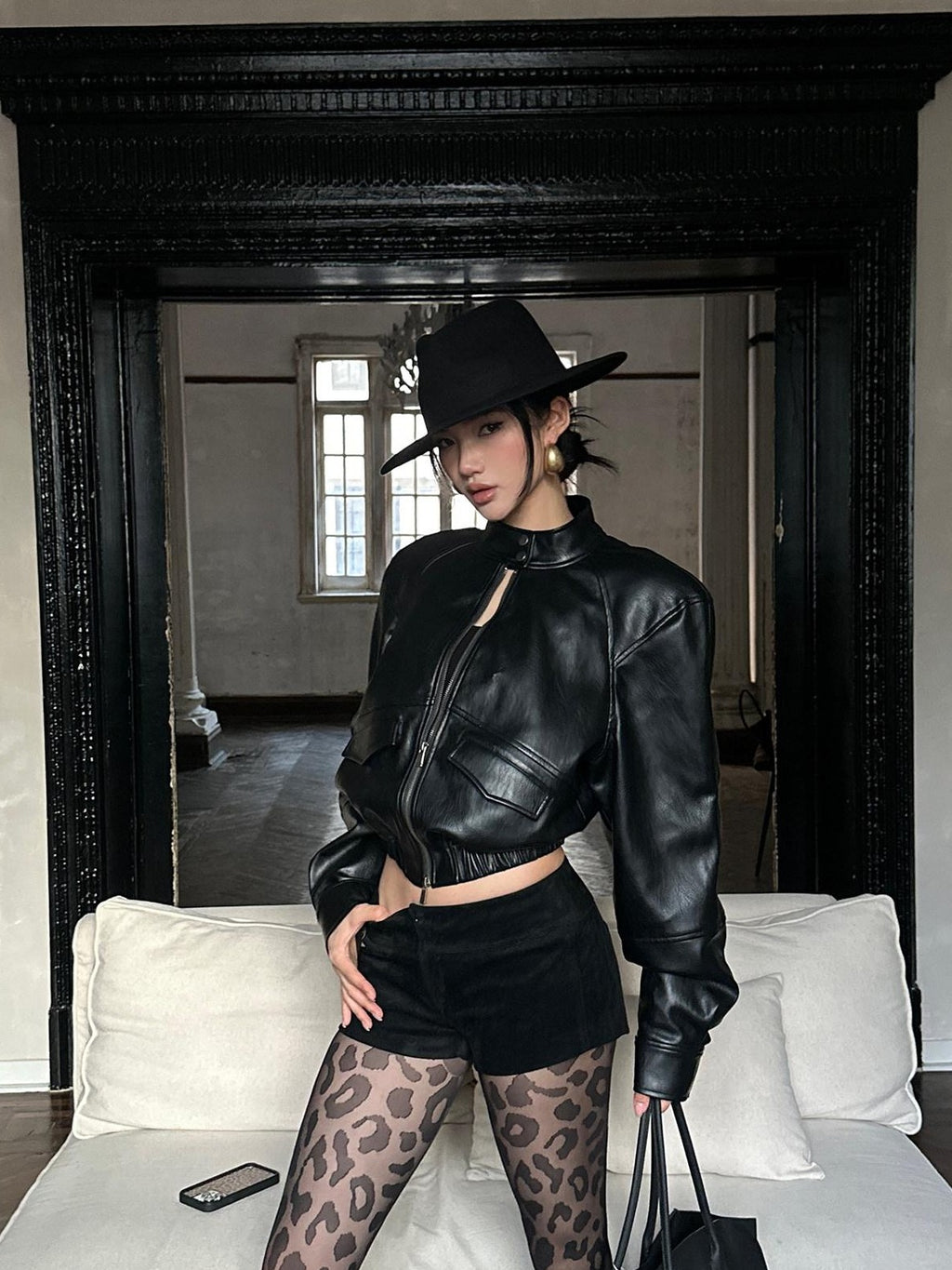 rovente Black Loose Short Stand Collar Zip Flap Pocket Women's Leather Jackets