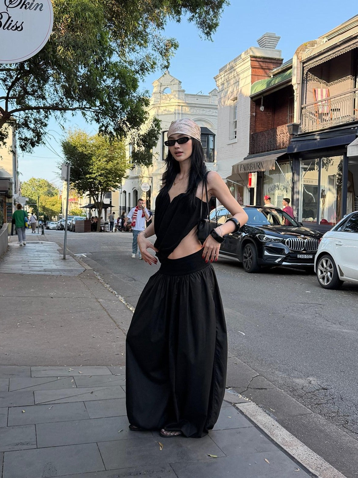rovente Black Pleated Women's Lyocell Woven Breathable Wide Waist Pocket Wide-leg Pants