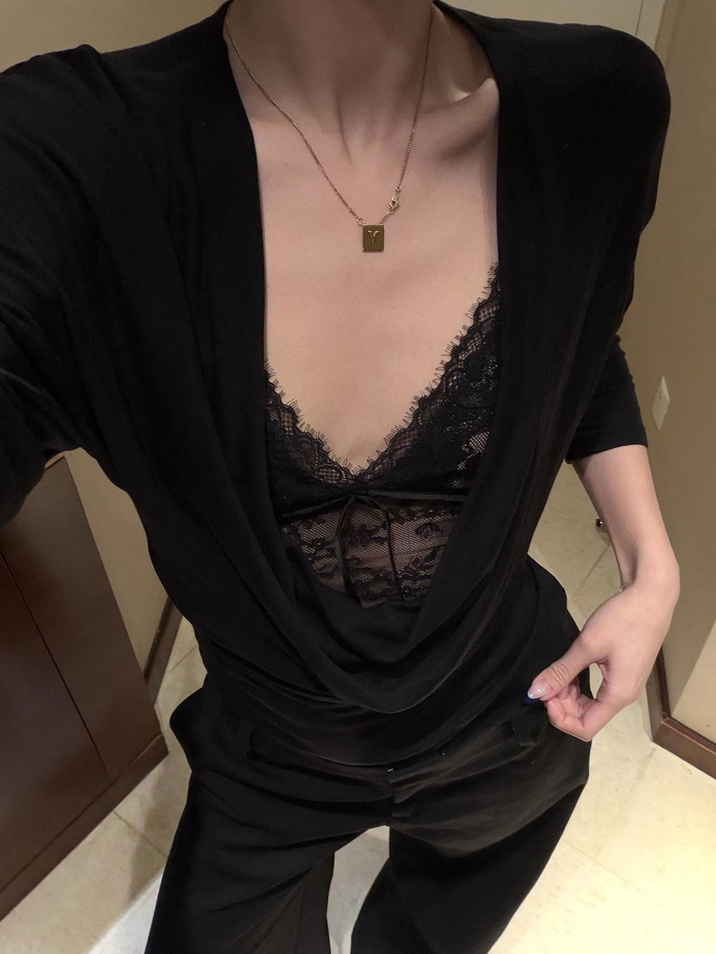 rovente Black Plunging Neck Two Piece Slim Fit Women's Long Sleeve T-shirts