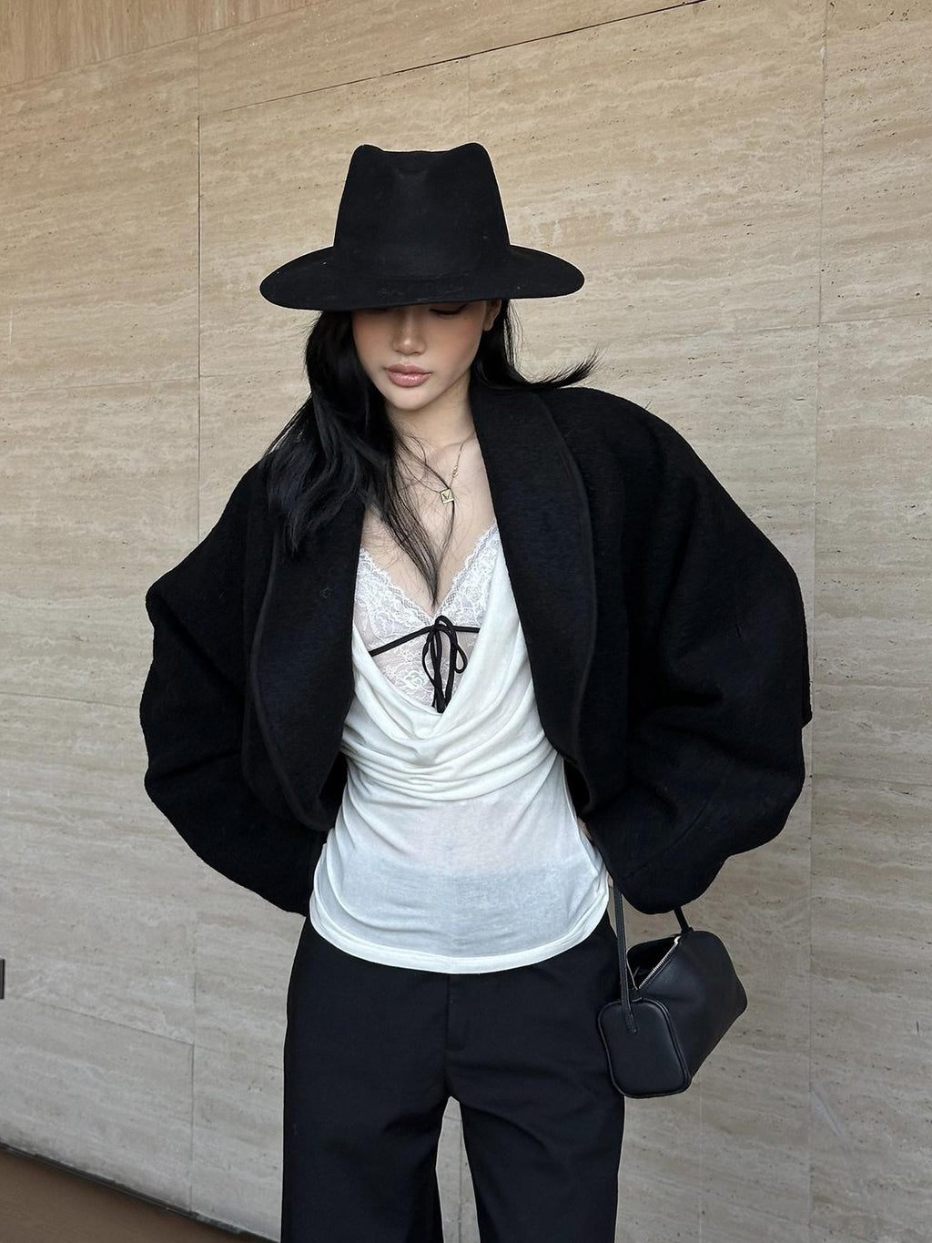 rovente Black Plunging Neck Two Piece Slim Fit Women's Long Sleeve T-shirts