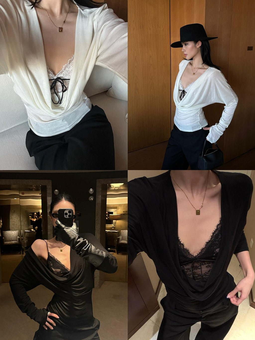 rovente Black Plunging Neck Two Piece Slim Fit Women's Long Sleeve T-shirts