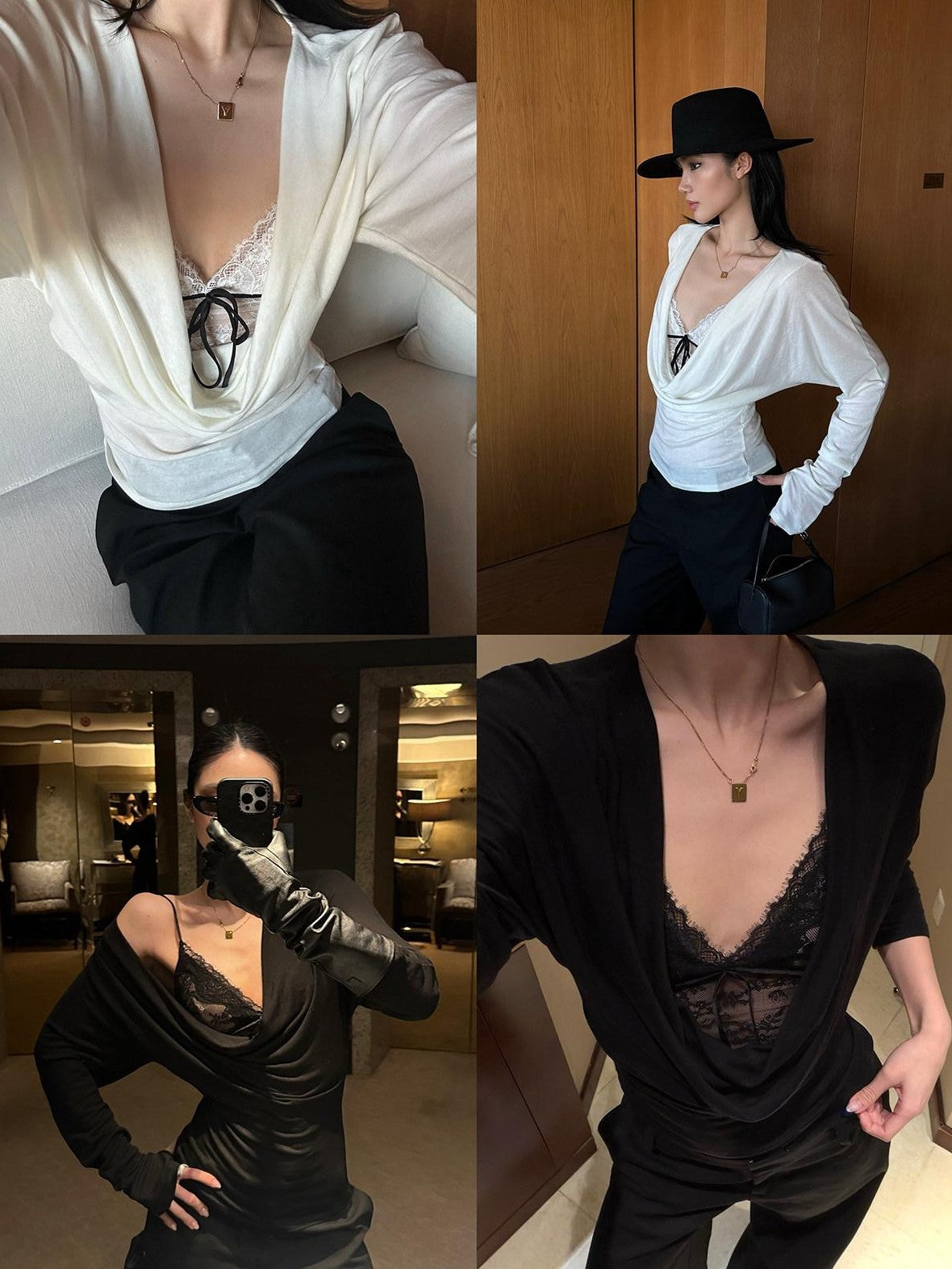 rovente Black Plunging Neck Two Piece Slim Fit Women's Long Sleeve T-shirts