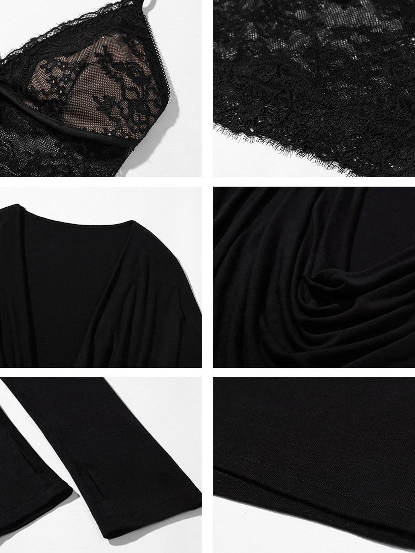 rovente Black Plunging Neck Two Piece Slim Fit Women's Long Sleeve T-shirts