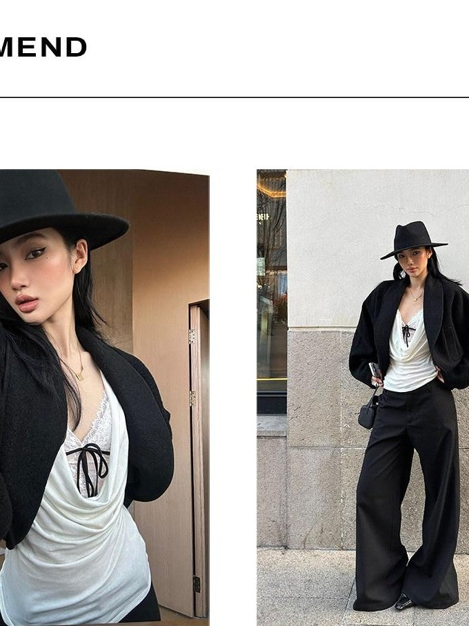 rovente Black Plunging Neck Two Piece Slim Fit Women's Long Sleeve T-shirts