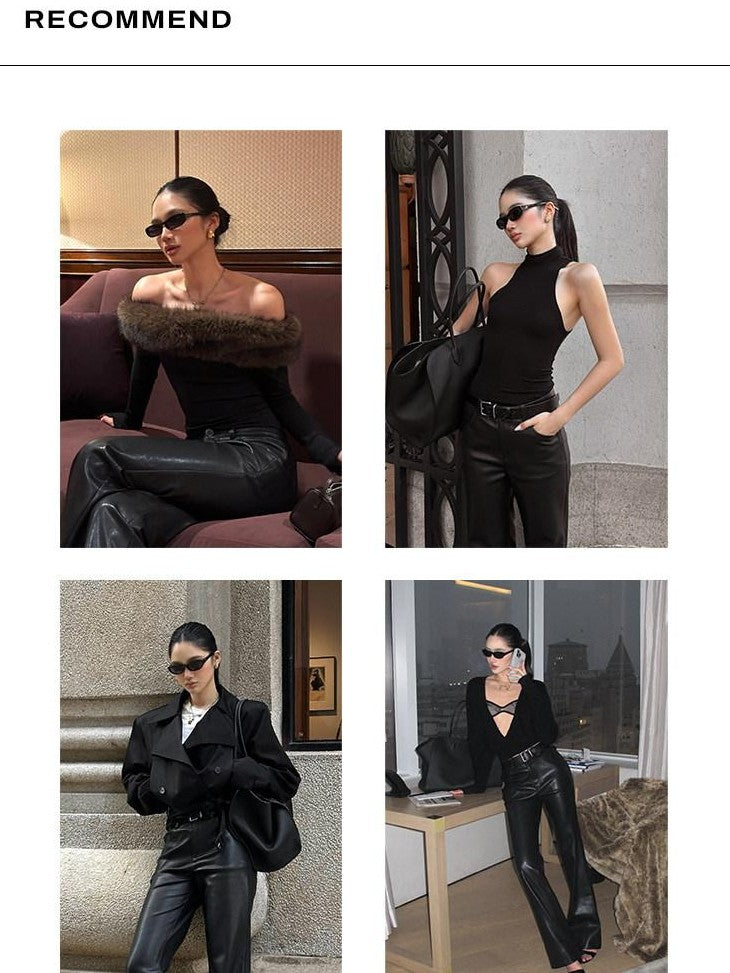 rovente Black Retro Slim Natural Waist Zipper Women's Faux Leather Bootcut Pants