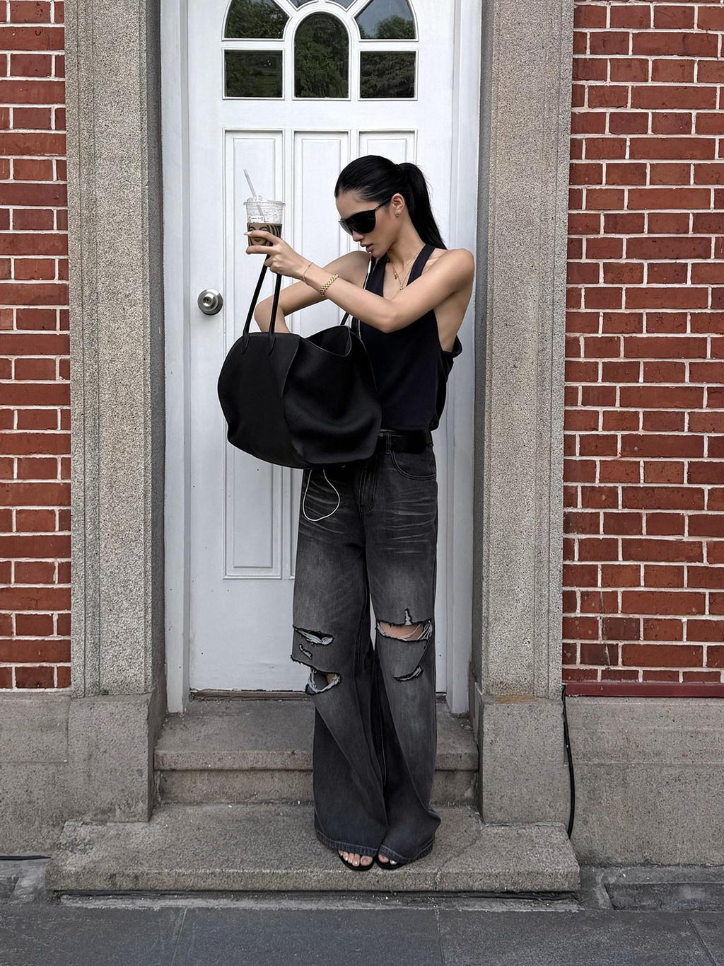 rovente Black Ripped Low Rise Vintage Loose Casual Women's Denim Wide-leg Jeans