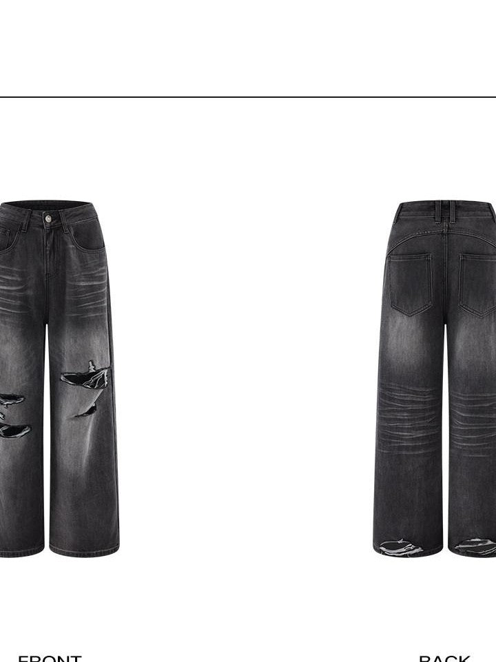 rovente Black Ripped Low Rise Vintage Loose Casual Women's Denim Wide-leg Jeans