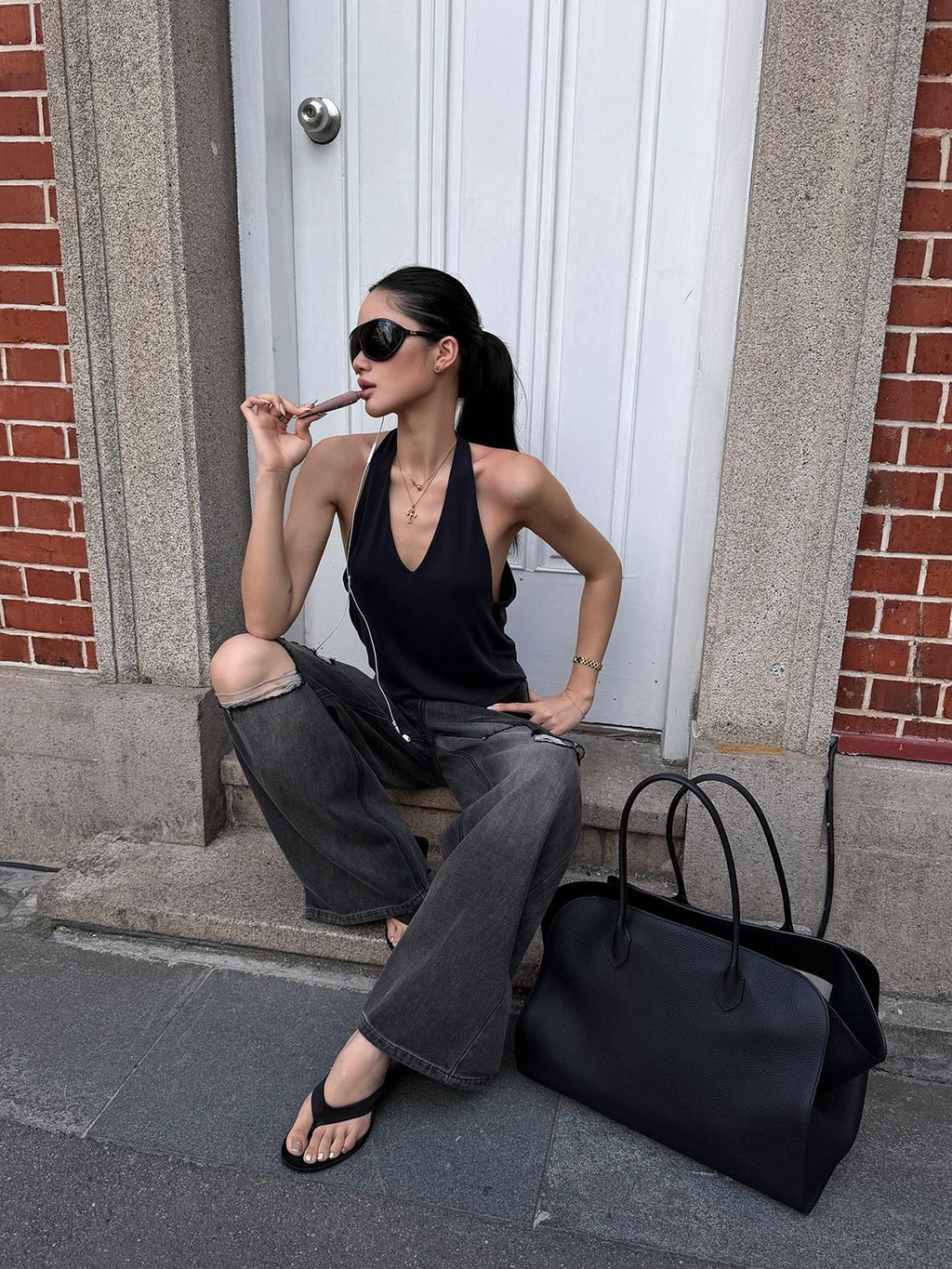 rovente Black Ripped Low Rise Vintage Loose Casual Women's Denim Wide-leg Jeans