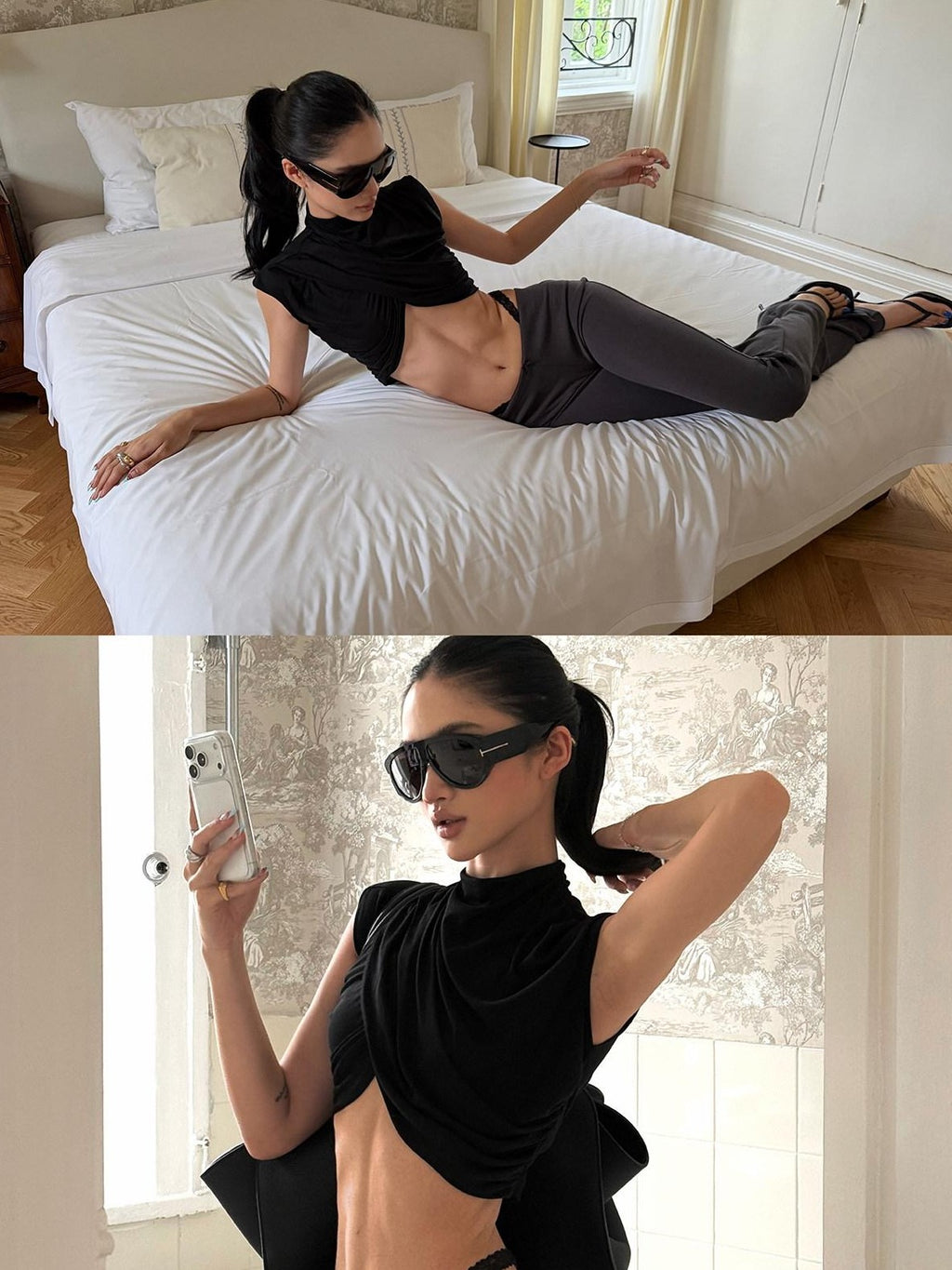 rovente Black Ruched Crossover Slim Fit Sleeveless Women's Lyocell Crop Tops