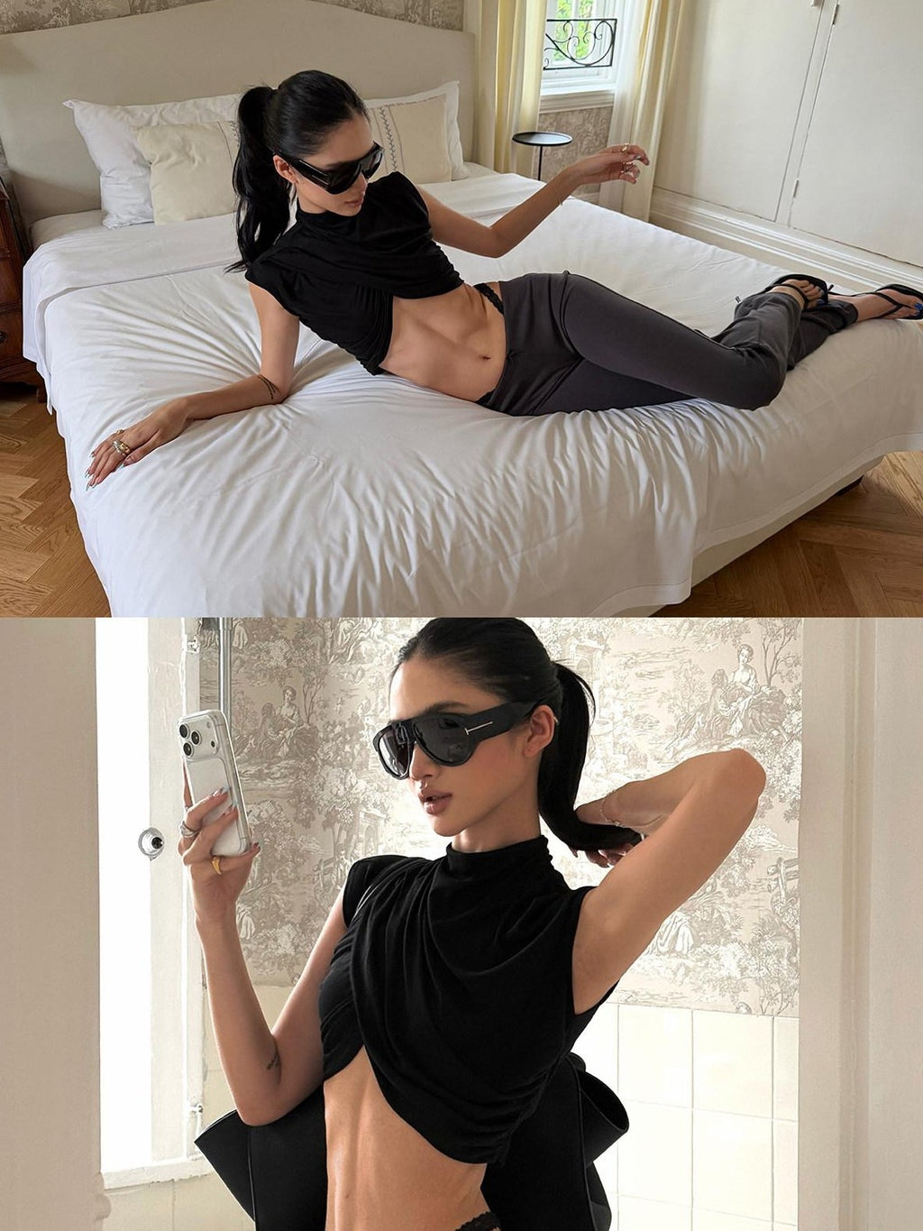 rovente Black Ruched Crossover Slim Fit Sleeveless Women's Lyocell Crop Tops