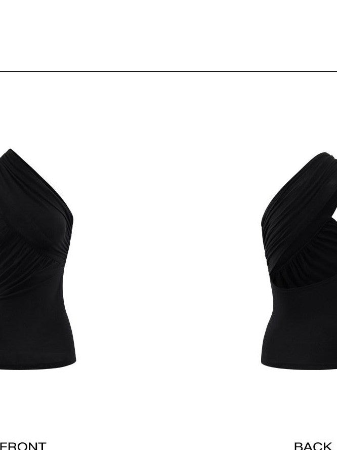 rovente Black Ruched One Shoulder Slim Fit Backless Women's Lyocell Camisoles