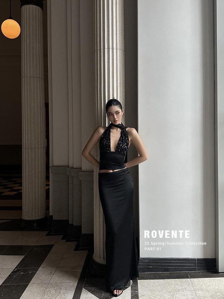 rovente Black Satin Low Waist Long Straight Women's Acetate Blend Bodycon Skirts