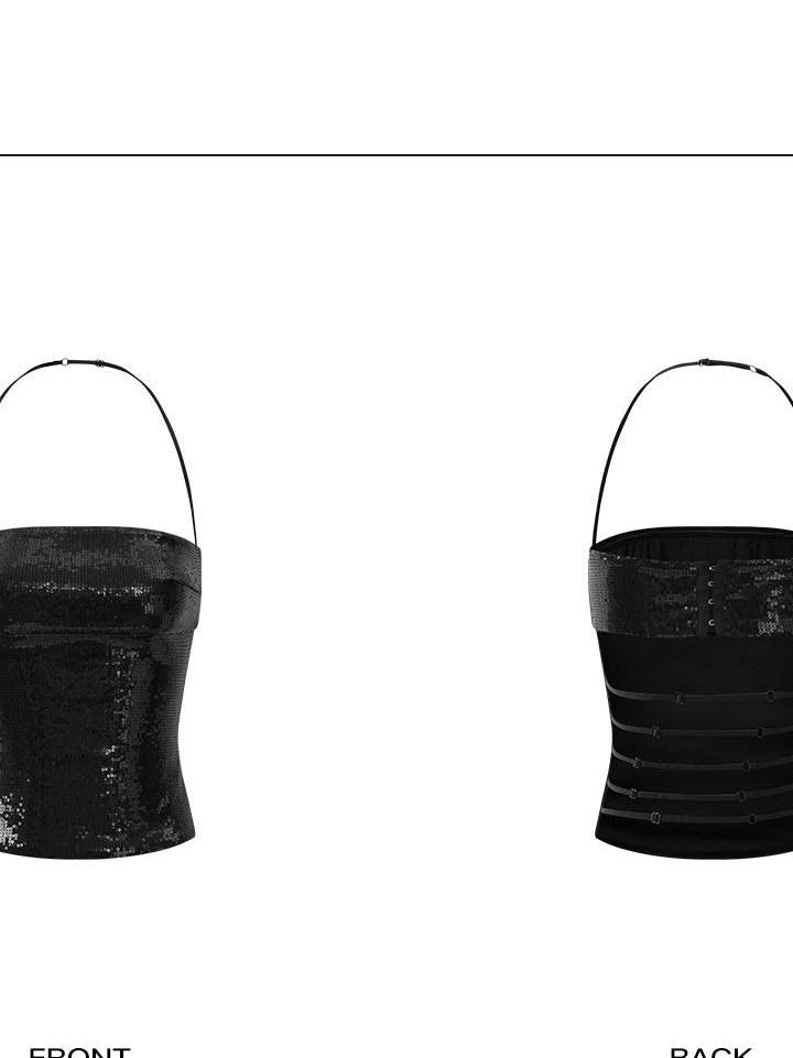rovente Black Sequin Backless Bandeau Slim Women's Polyester Halter Tops