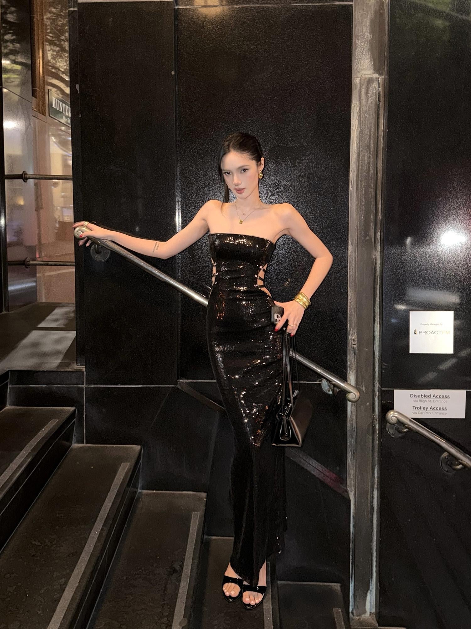 rovente Black Sequin Bodycon Women's Polyester Strapless Maxi Dresses