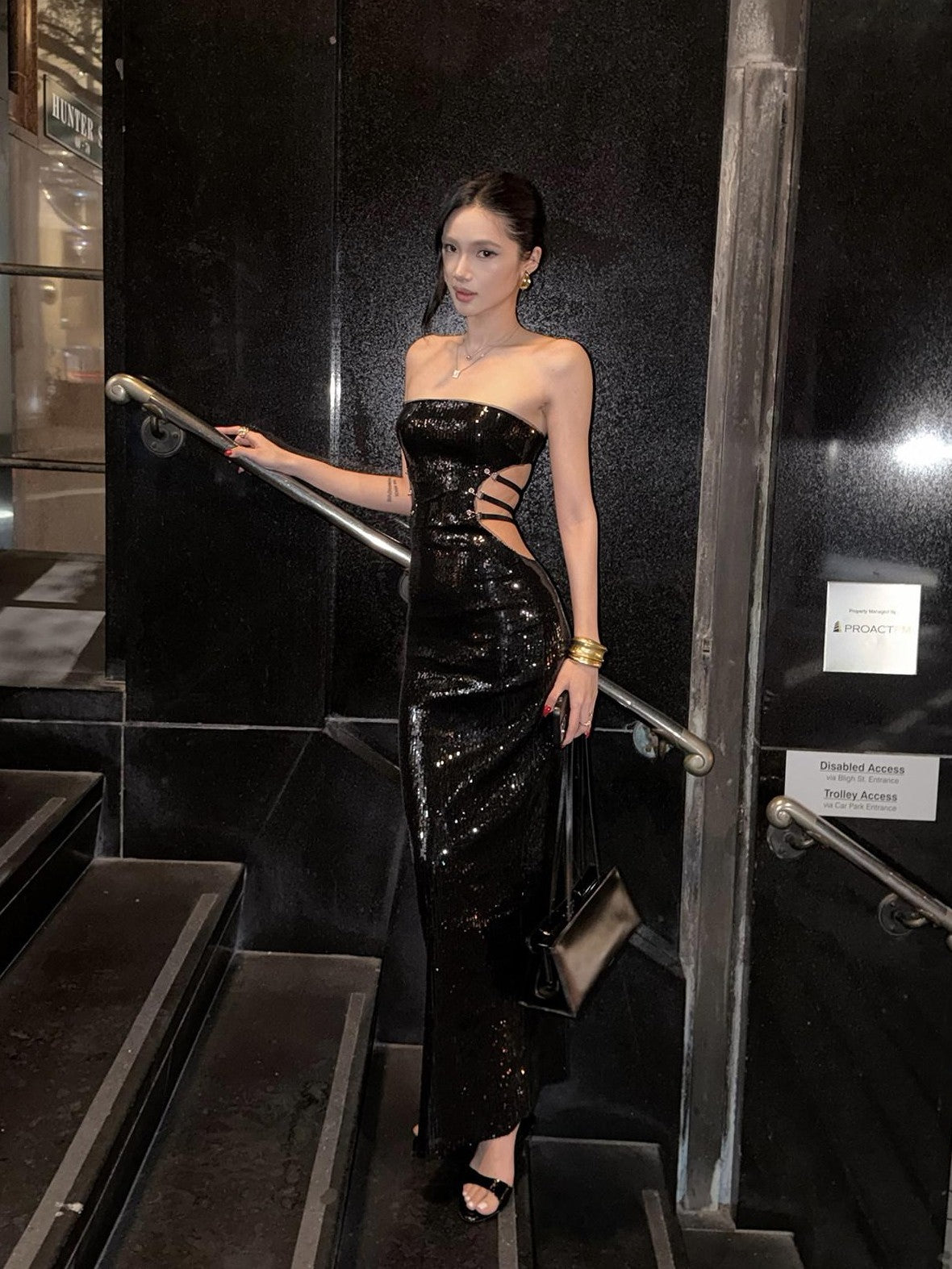 rovente Black Sequin Bodycon Women's Polyester Strapless Maxi Dresses