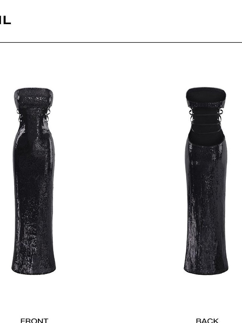 rovente Black Sequin Bodycon Women's Polyester Strapless Maxi Dresses