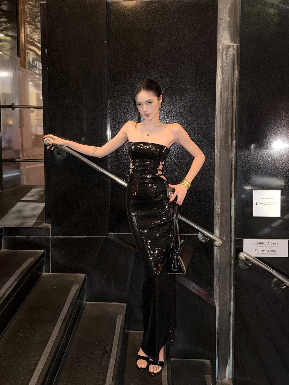 rovente Black Sequin Bodycon Women's Polyester Strapless Maxi Dresses