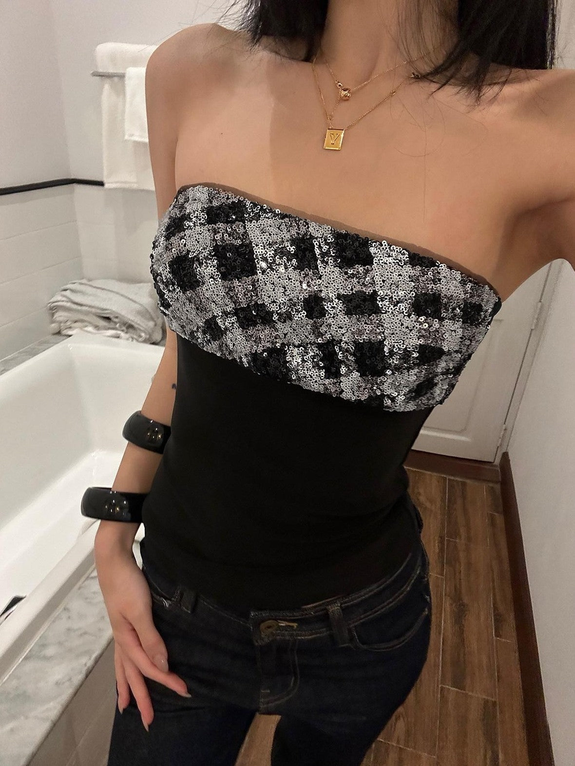 rovente Black Sequin Slim Waist Cinched Fitted Strapless Women's Tube Tops