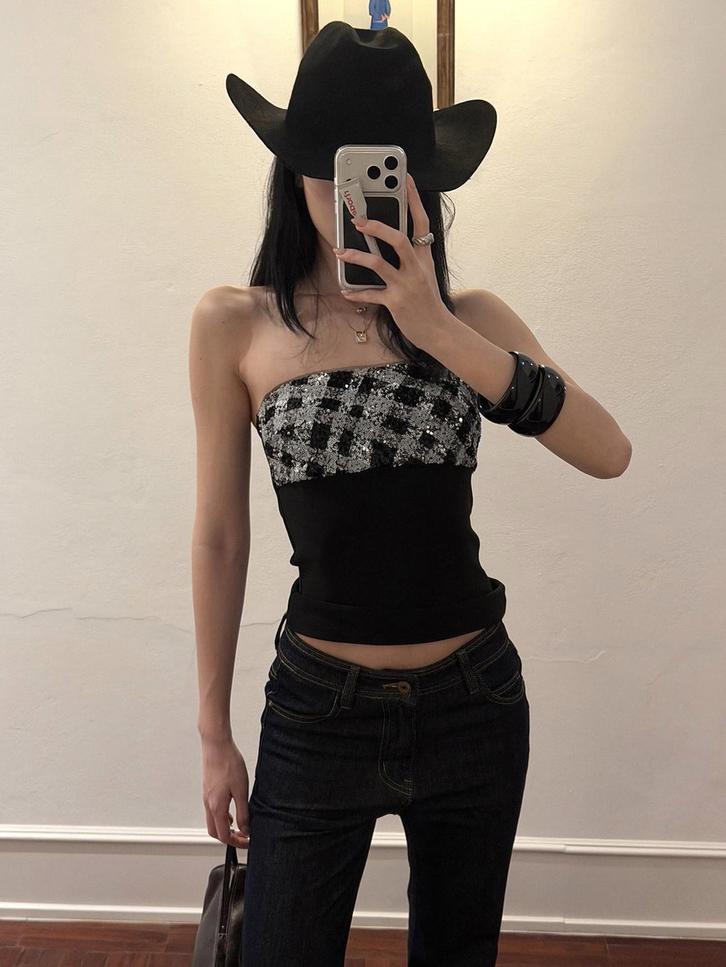 rovente Black Sequin Slim Waist Cinched Fitted Strapless Women's Tube Tops