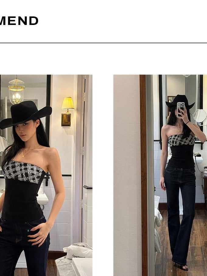 rovente Black Sequin Slim Waist Cinched Fitted Strapless Women's Tube Tops