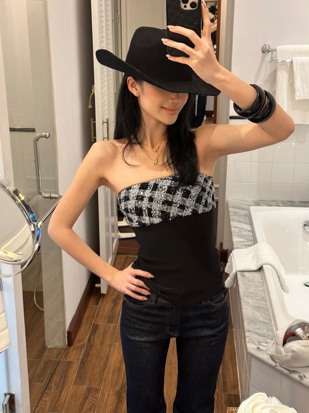 rovente Black Sequin Slim Waist Cinched Fitted Strapless Women's Tube Tops