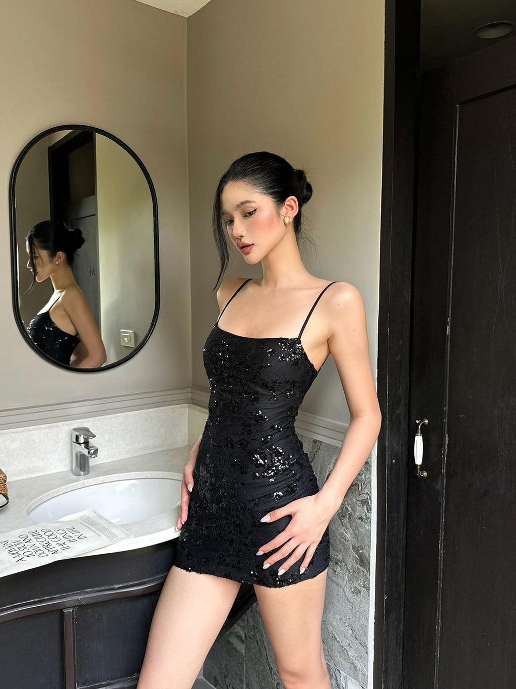 rovente Black Sequin Strappy Waist Cinch Women's Polyester Bodycon Mini Dresses