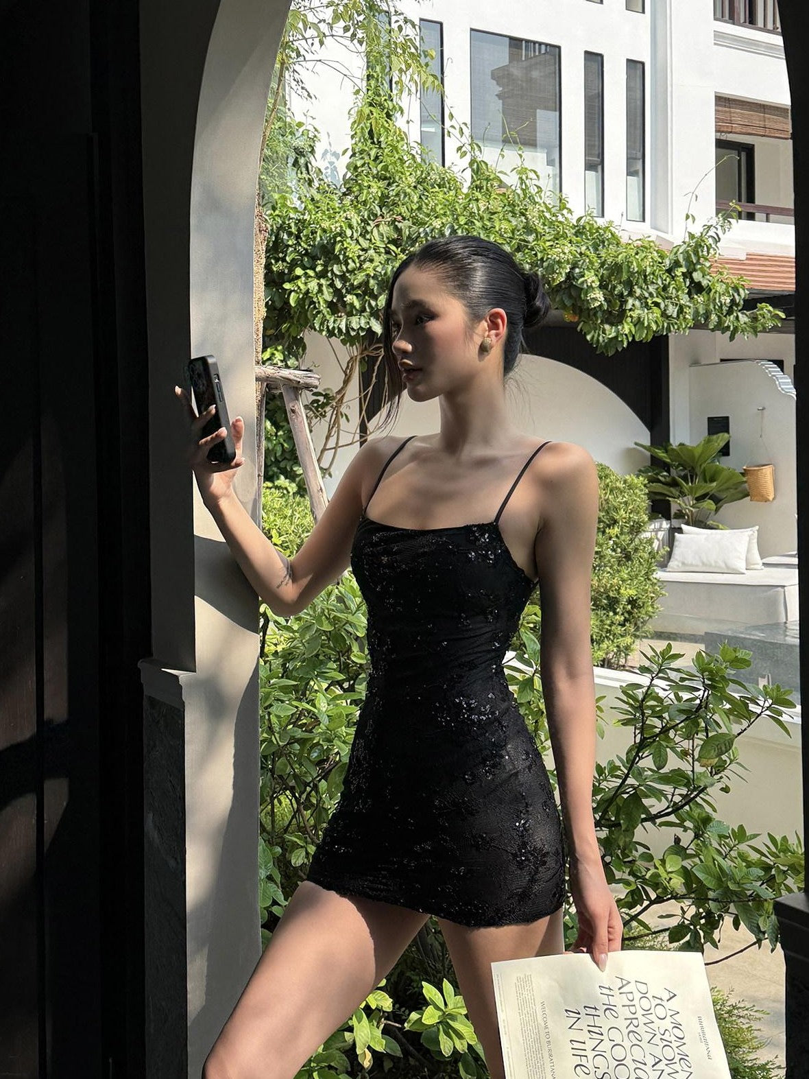 rovente Black Sequin Strappy Waist Cinch Women's Polyester Bodycon Mini Dresses