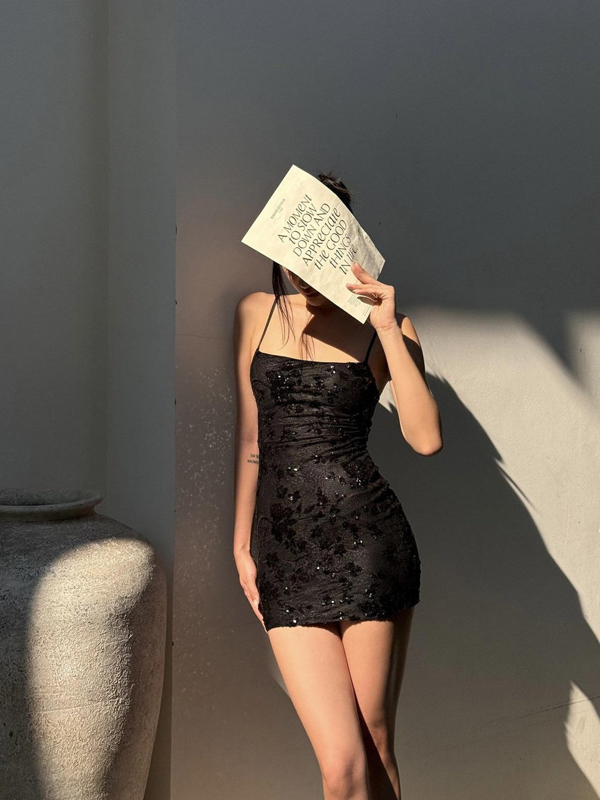 rovente Black Sequin Strappy Waist Cinch Women's Polyester Bodycon Mini Dresses