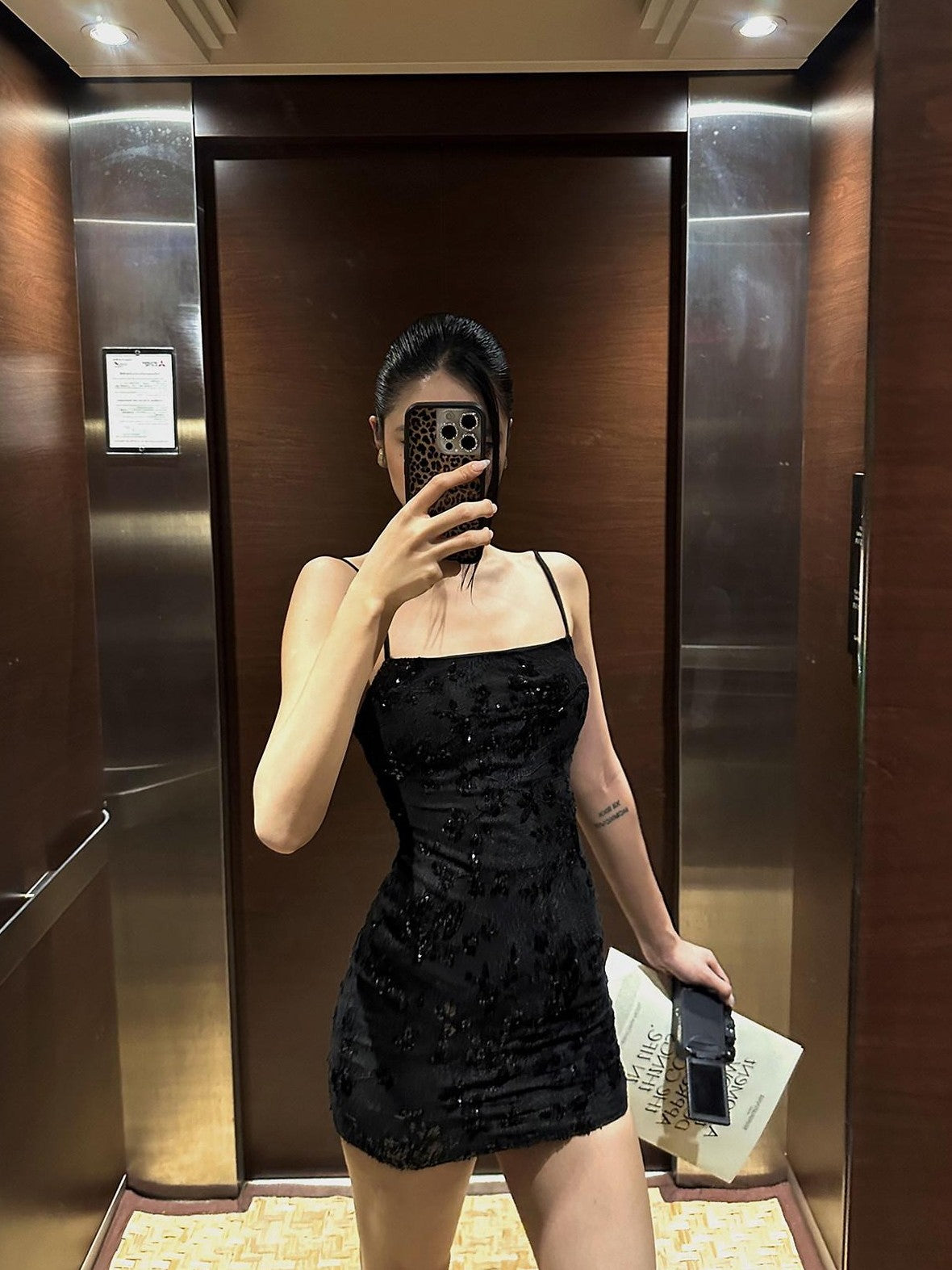 rovente Black Sequin Strappy Waist Cinch Women's Polyester Bodycon Mini Dresses