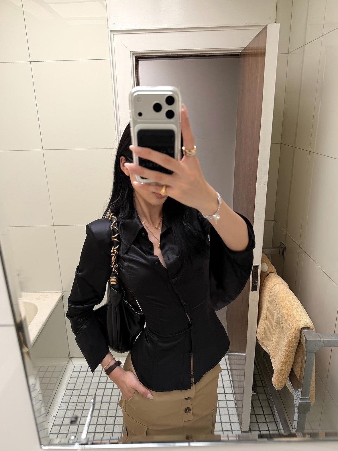 rovente Black Slim Fit Lapel Collar Acetate Women's Blouses