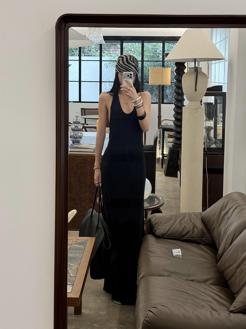 rovente Black Spine Line Cutout Backless U Neck Slim Fit Women's Halter Maxi Dresses
