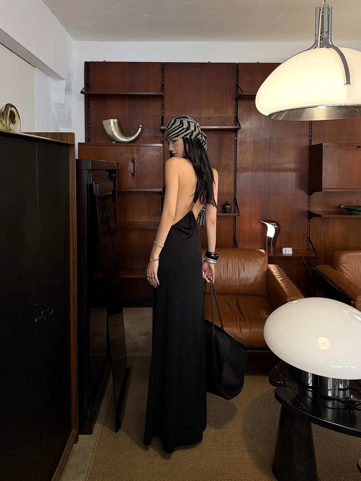 rovente Black Spine Line Cutout Backless U Neck Slim Fit Women's Halter Maxi Dresses
