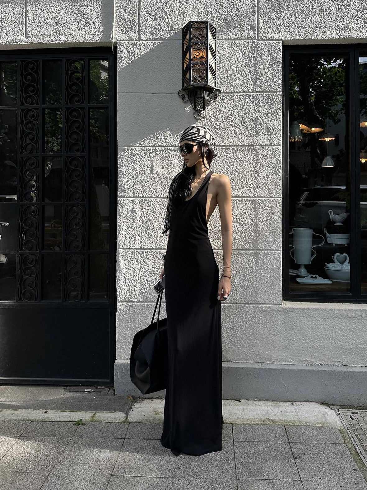 rovente Black Spine Line Cutout Backless U Neck Slim Fit Women's Halter Maxi Dresses