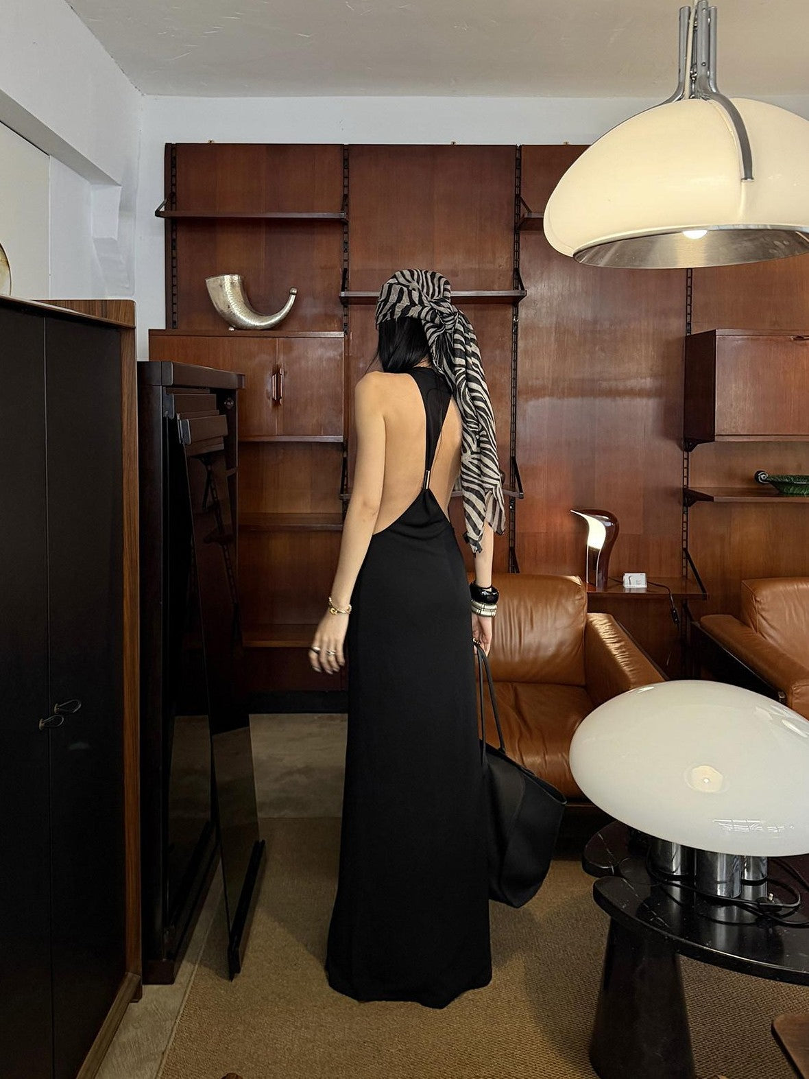 rovente Black Spine Line Cutout Backless U Neck Slim Fit Women's Halter Maxi Dresses