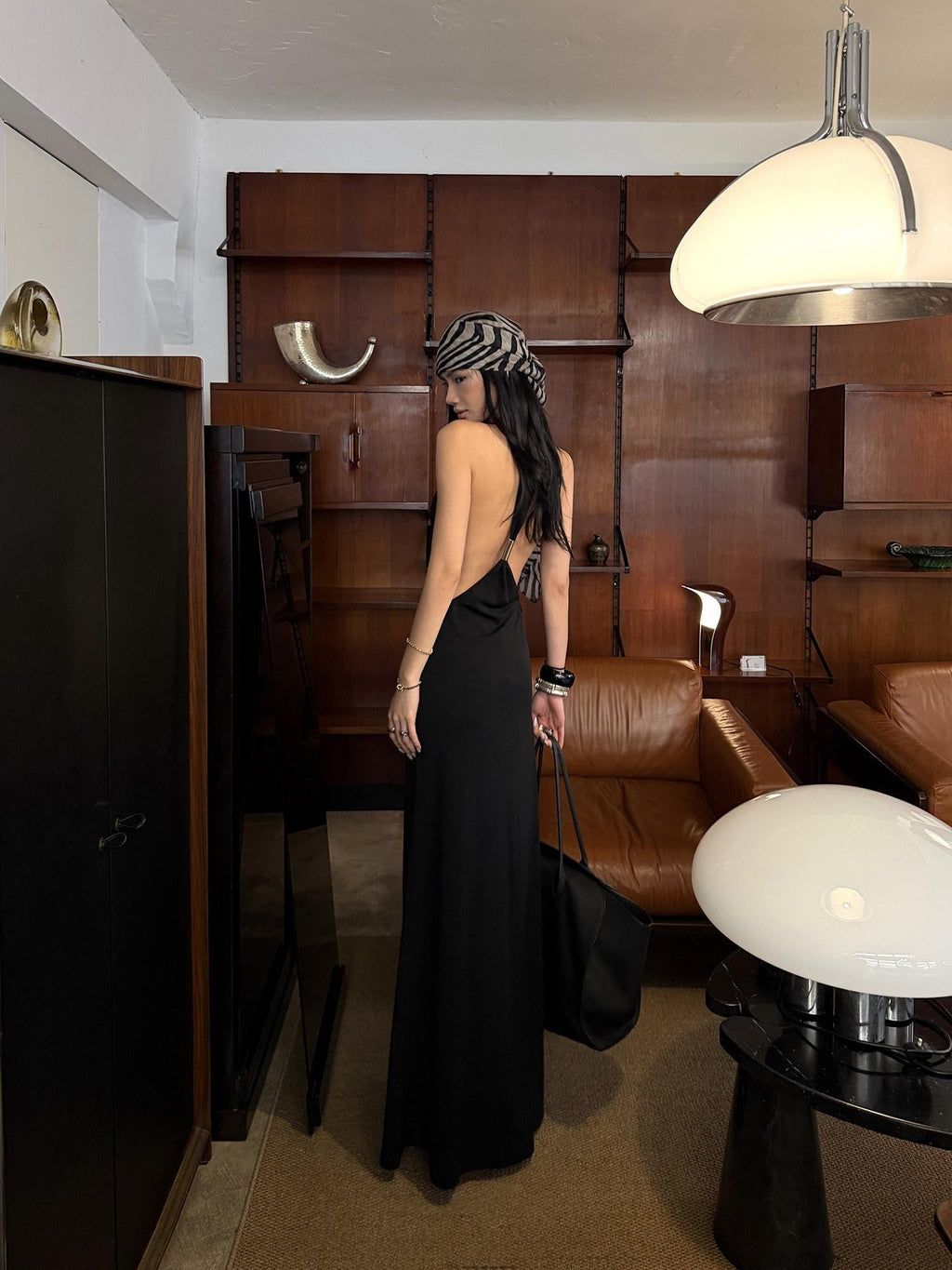 rovente Black Spine Line Cutout Backless U Neck Slim Fit Women's Halter Maxi Dresses