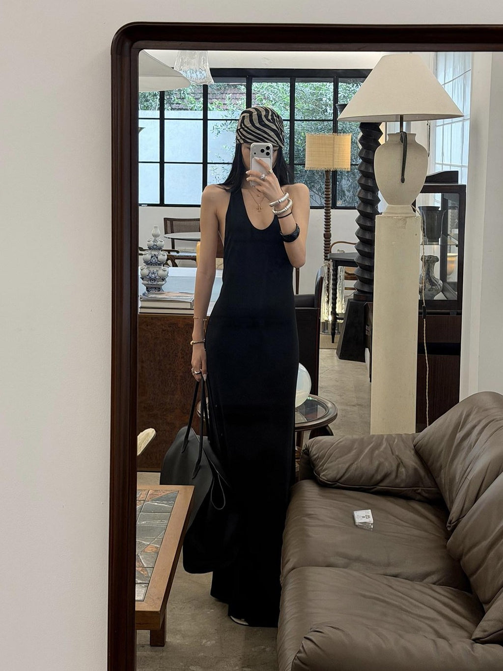 rovente Black Spine Line Cutout Backless U Neck Slim Fit Women's Halter Maxi Dresses