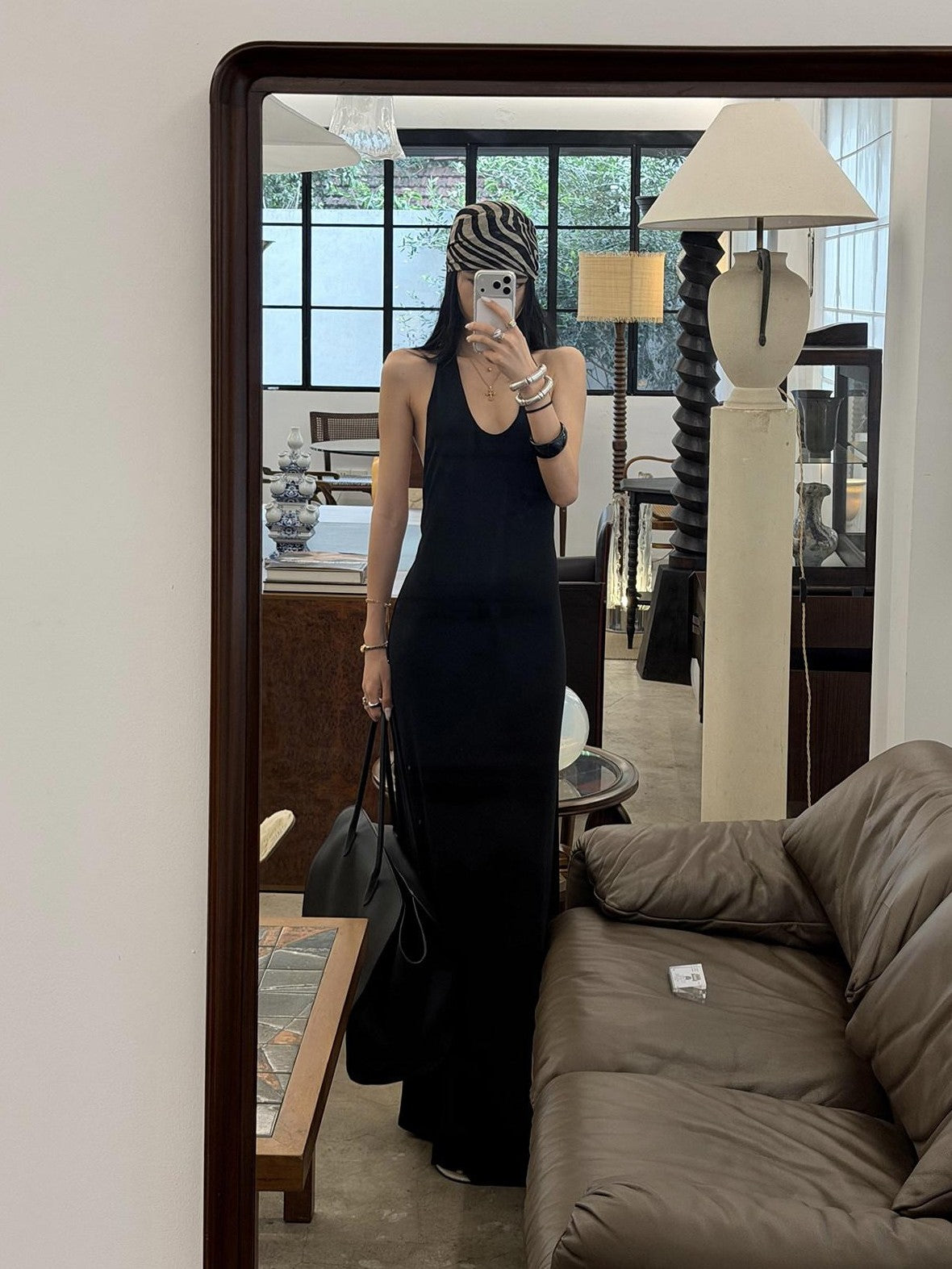 rovente Black Spine Line Cutout Backless U Neck Slim Fit Women's Halter Maxi Dresses