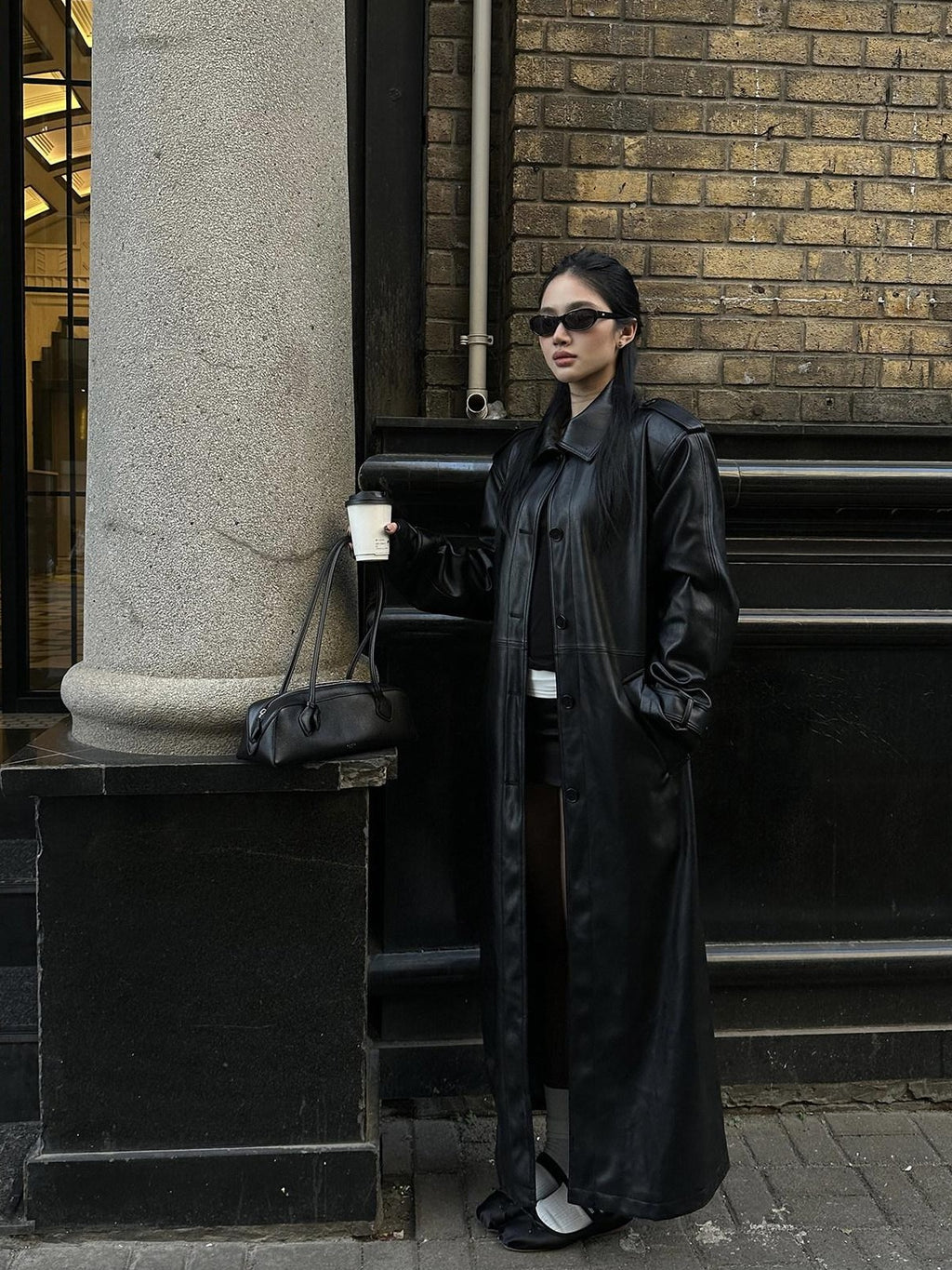 rovente Black Stand Collar Oversized Straight Cut Slanted Pocket Women's Pu Trench Coats
