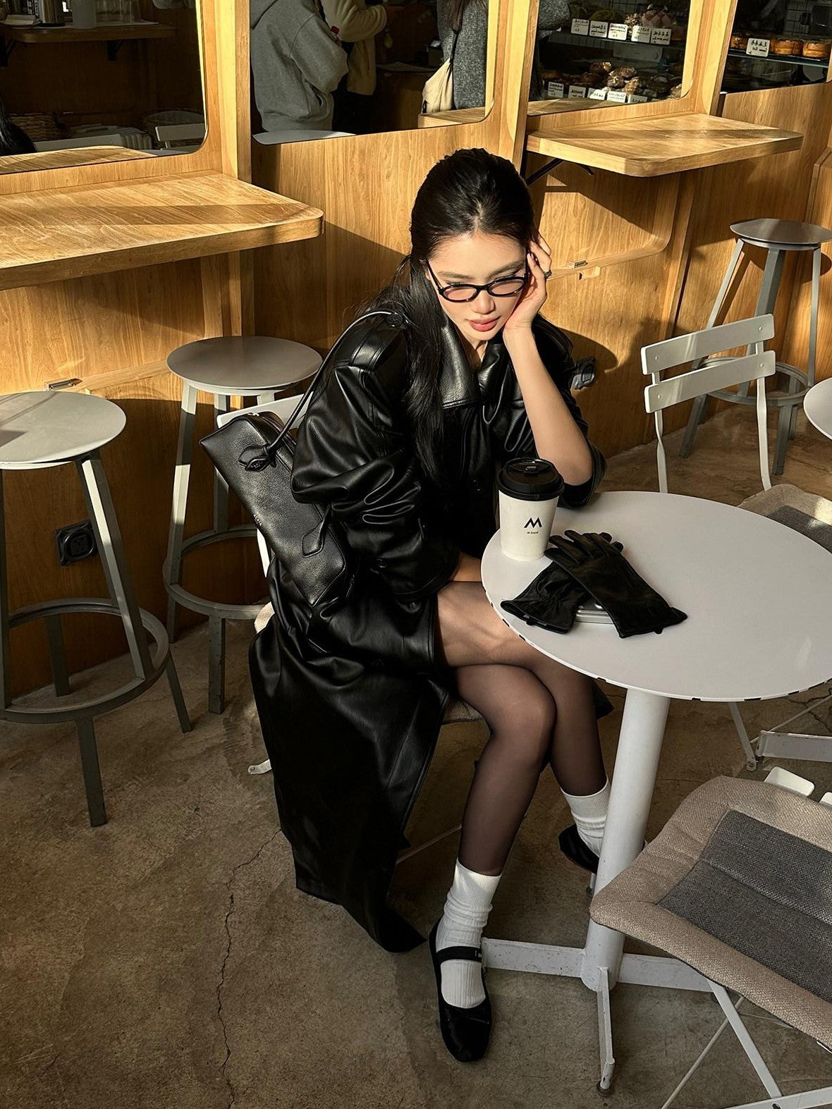 rovente Black Stand Collar Oversized Straight Cut Slanted Pocket Women's Pu Trench Coats