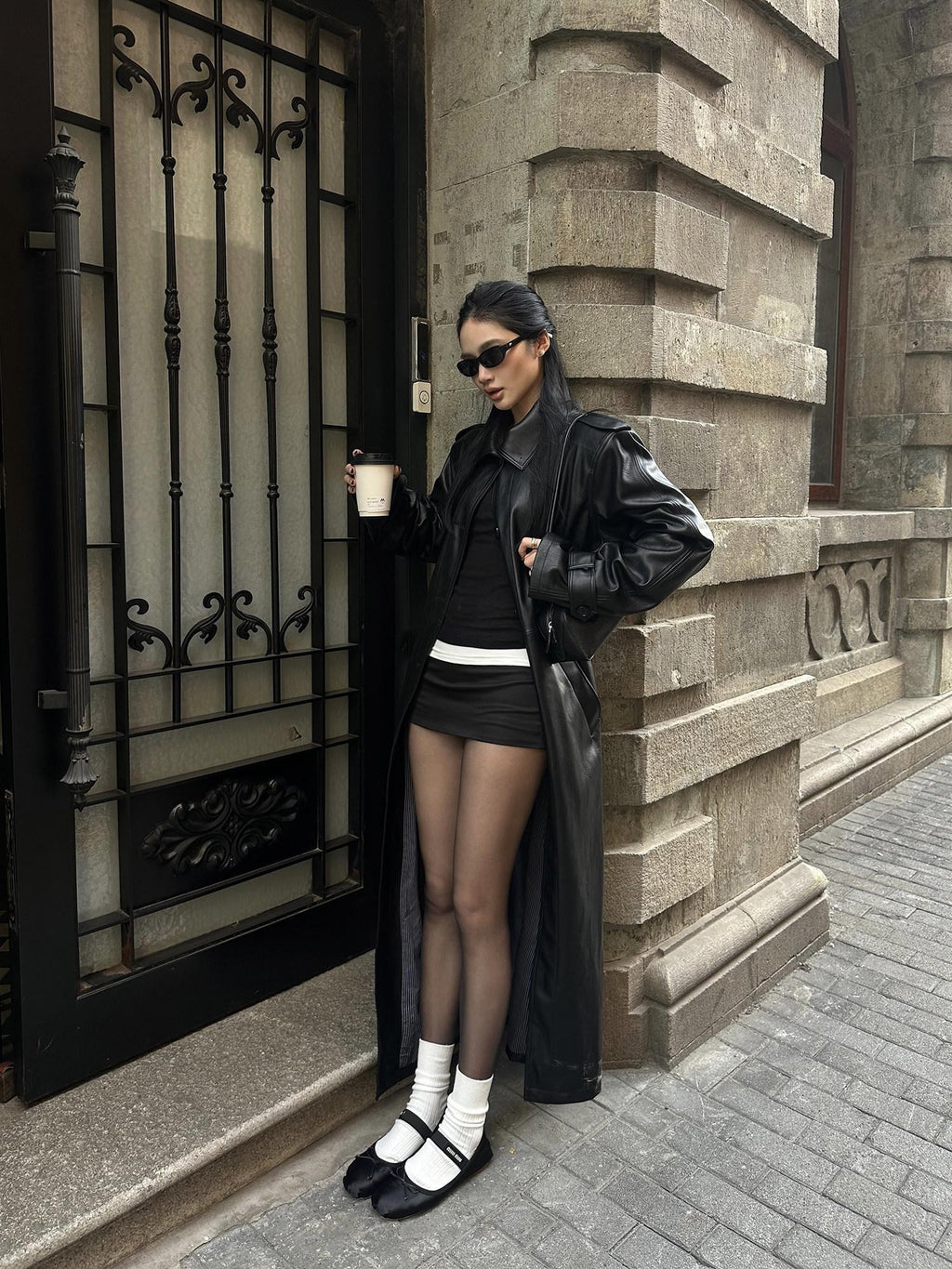 rovente Black Stand Collar Oversized Straight Cut Slanted Pocket Women's Pu Trench Coats