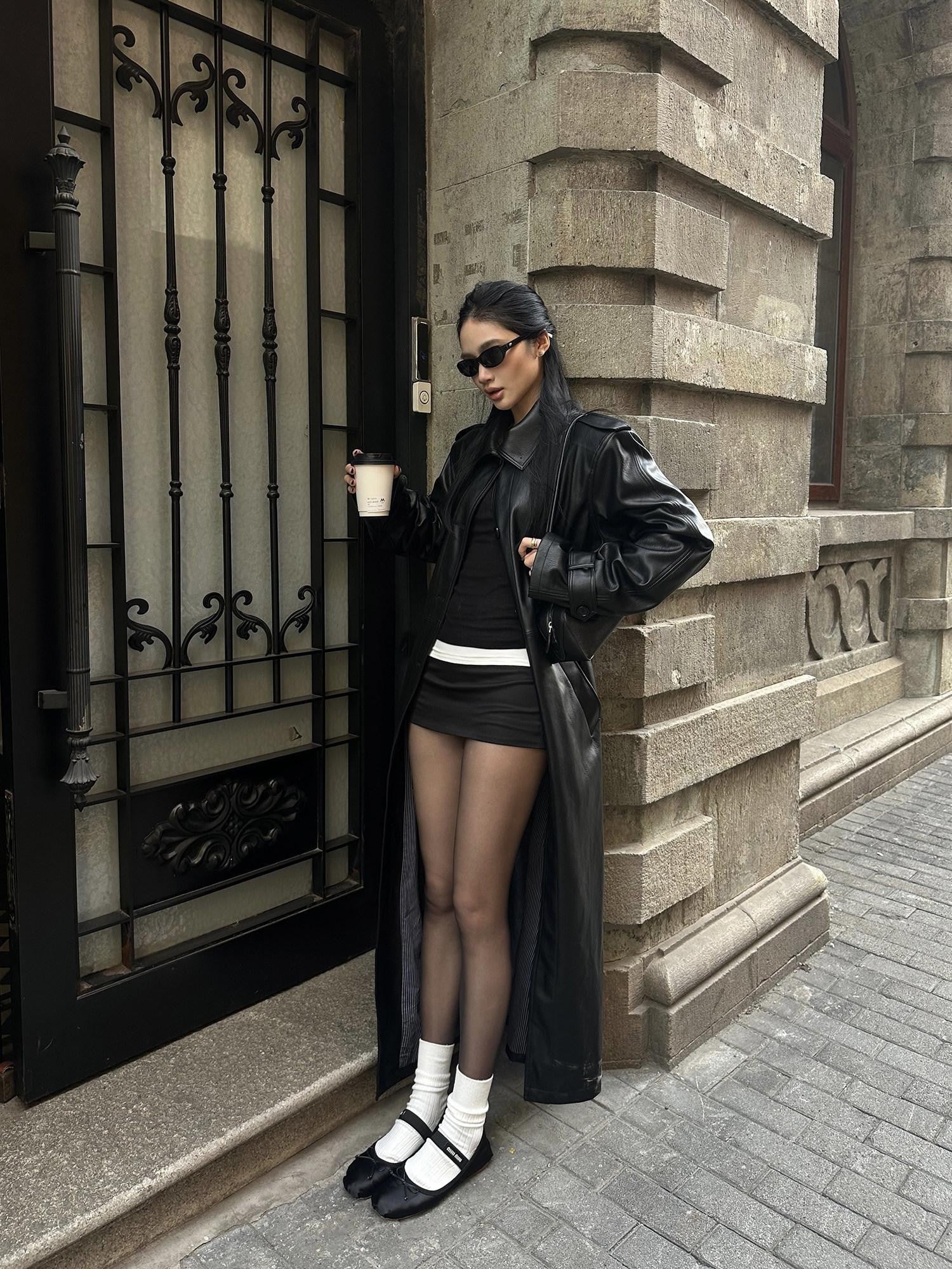 rovente Black Stand Collar Oversized Straight Cut Slanted Pocket Women's Pu Trench Coats