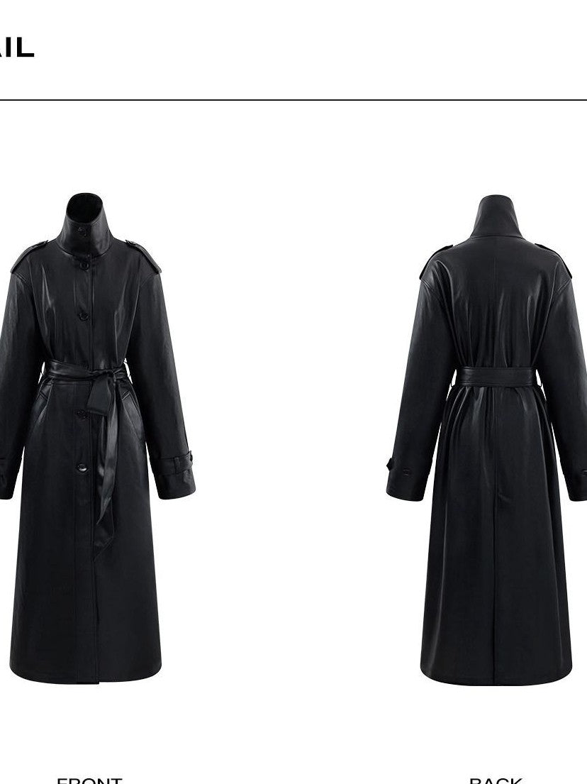 rovente Black Stand Collar Oversized Straight Cut Slanted Pocket Women's Pu Trench Coats