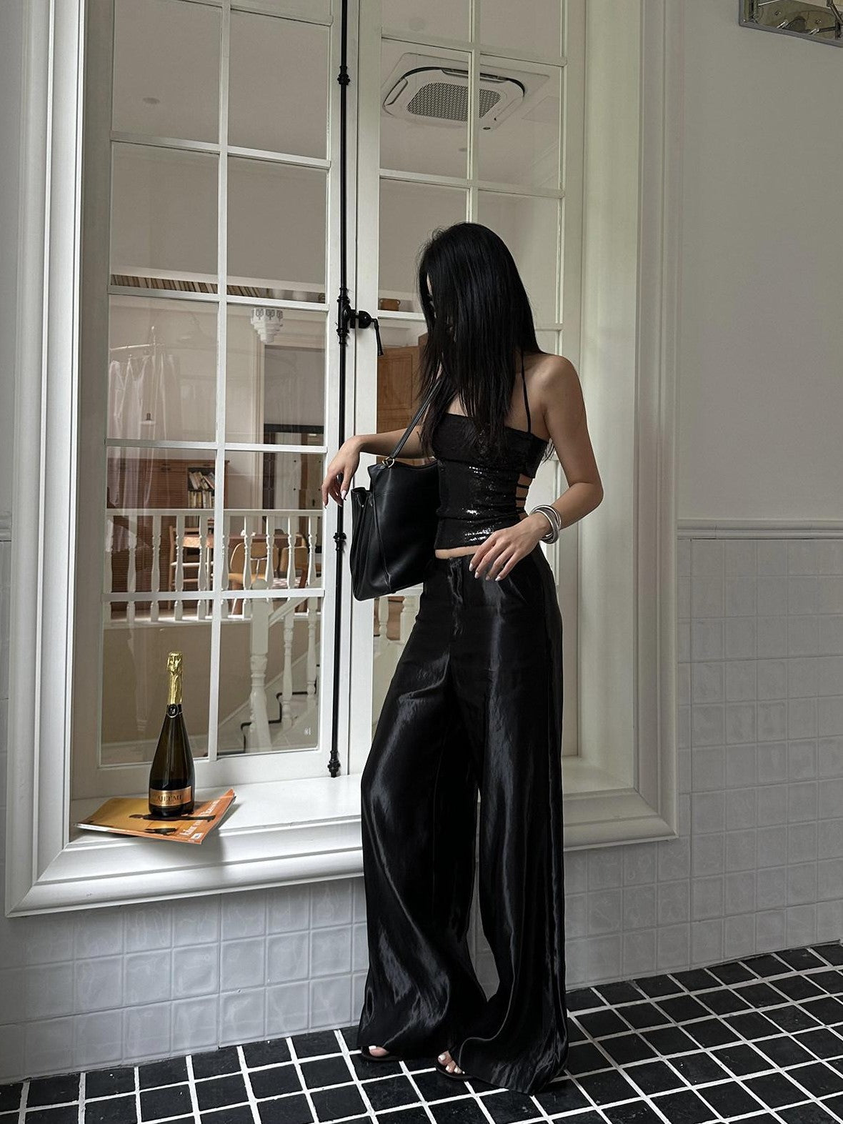 rovente Black Straight Button Pocket Natural Waist Women's Satin Wide-leg Pants