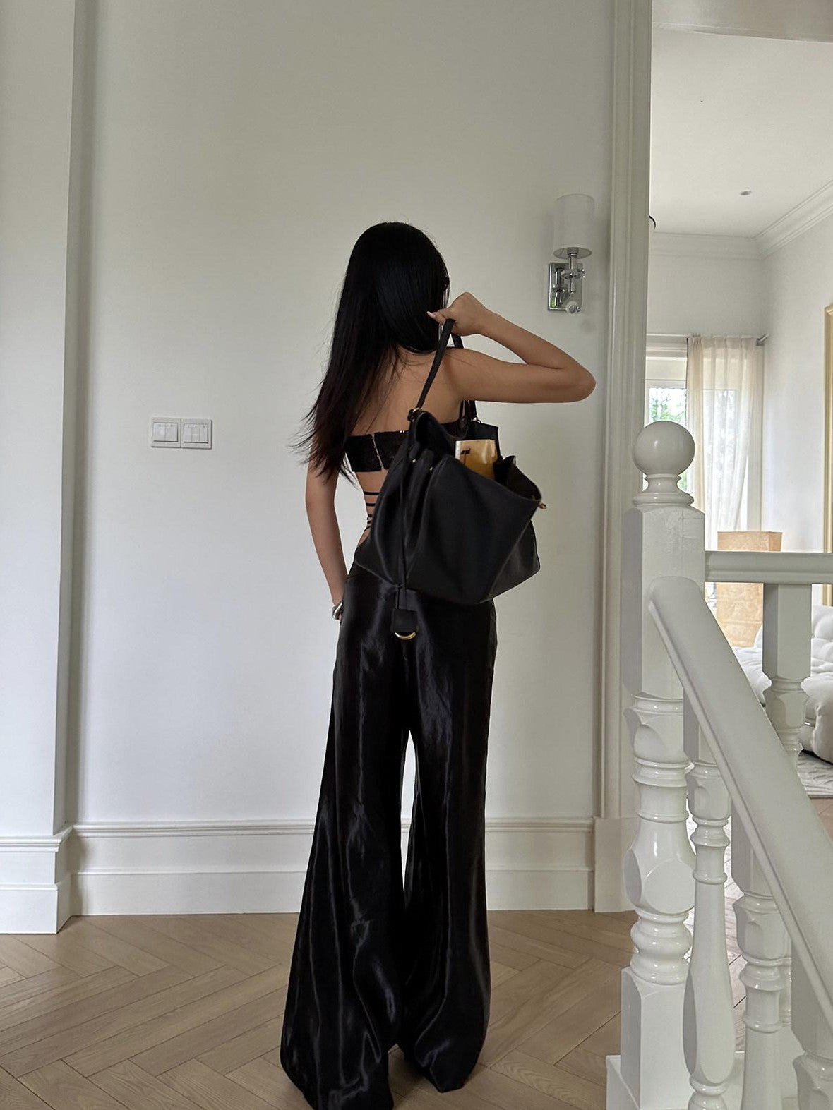 rovente Black Straight Button Pocket Natural Waist Women's Satin Wide-leg Pants