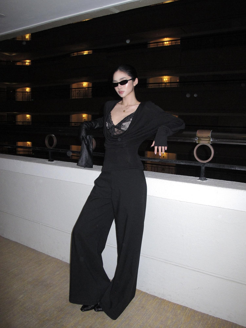 rovente Black Straight Leg Loose Drapey Commuter Casual Women's Wool Palazzo Pants