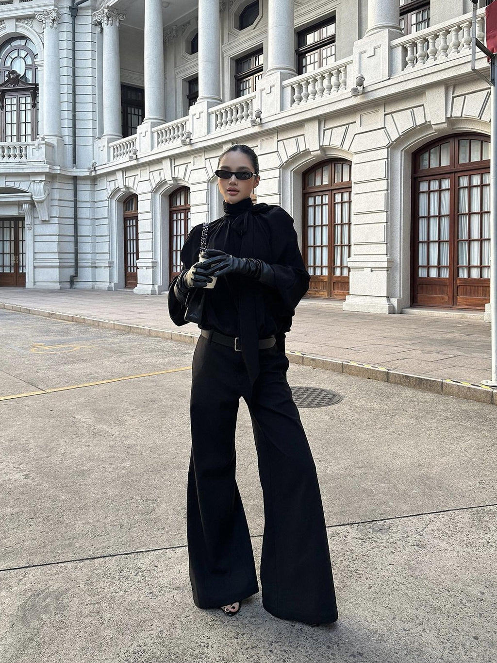 rovente Black Straight Leg Loose Drapey Commuter Casual Women's Wool Palazzo Pants